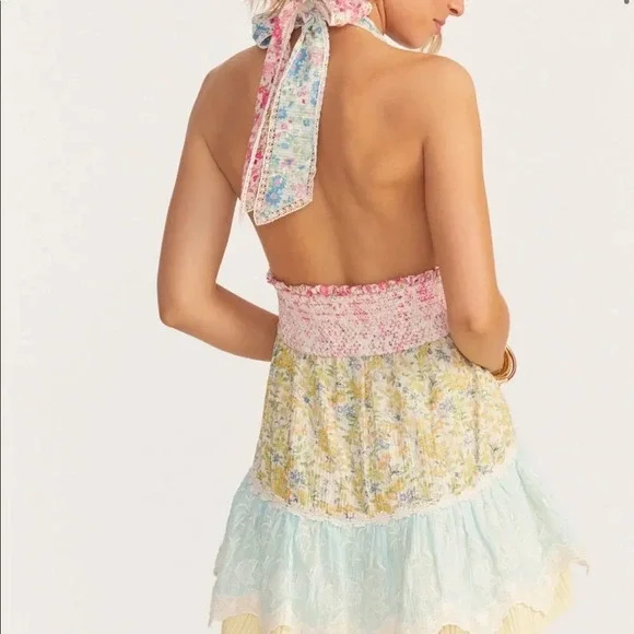 LoveShackFancy Cambria Iconic Halter Mini Dress Fruity Punch Colorblock XXL  NWT